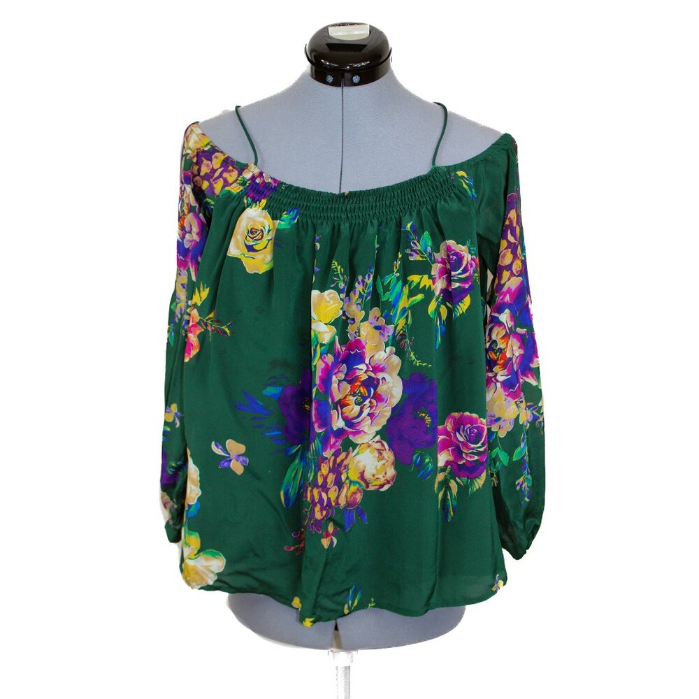 Anthropologie MAEVE XS Green Silk Blouse Tunic Floral Off The Shoulder Cottage